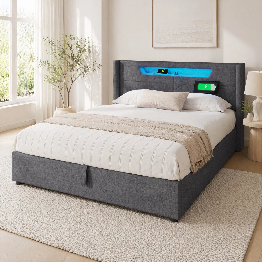 Letto matrimoniale 160x200 cm in tessuto effetto lino grigio con LED; USB e contenitore