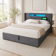 Letto matrimoniale 160x200 cm in tessuto effetto lino grigio con LED; USB e contenitore