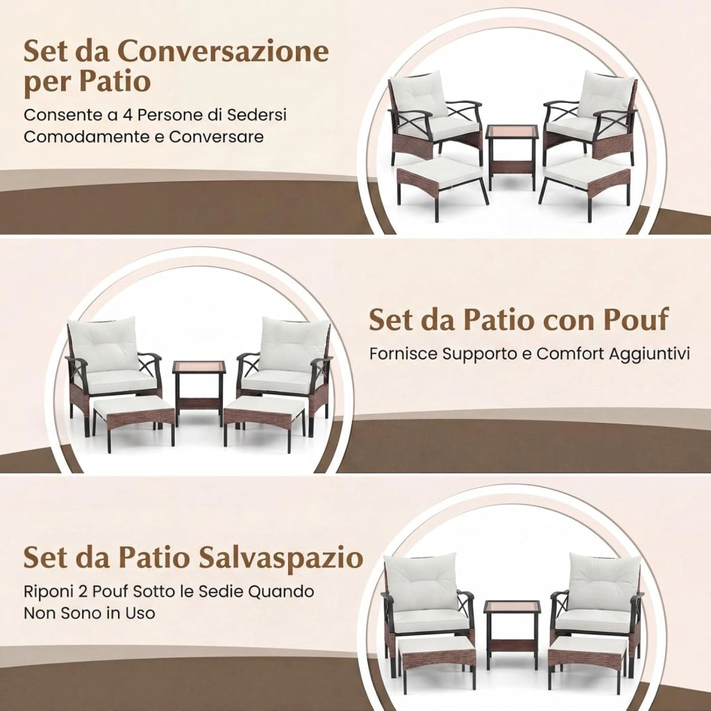 Set di 5 Mobili da Giardino in Rattan, Set Mobili da Esterno con Sedie Poggiapiedi Cuscini e Tavolino in Vetro Temperato a 2 Livelli, Set Conversazione per Portico e Balcone (Beige)