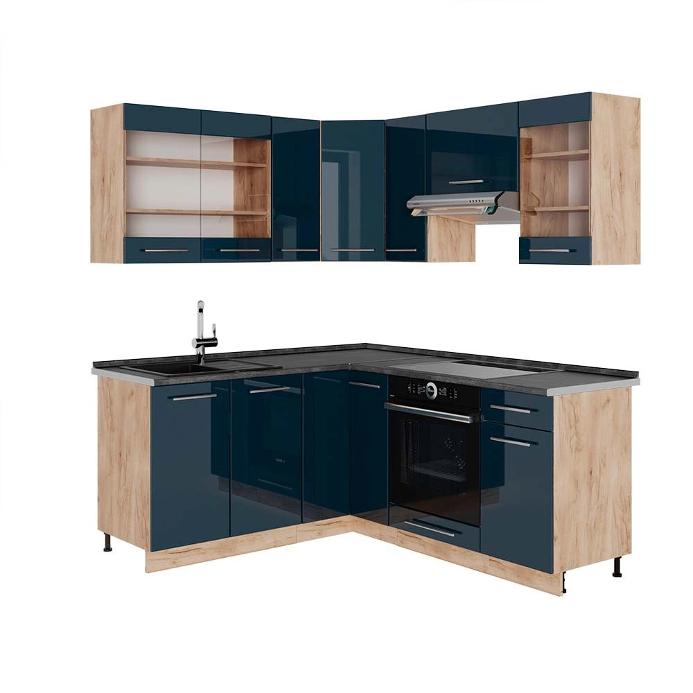Cucina ad angolo Fame-Line Blu scuro lucido/Rovere dorato 190 x 160 cm, PL Antracite Vicco