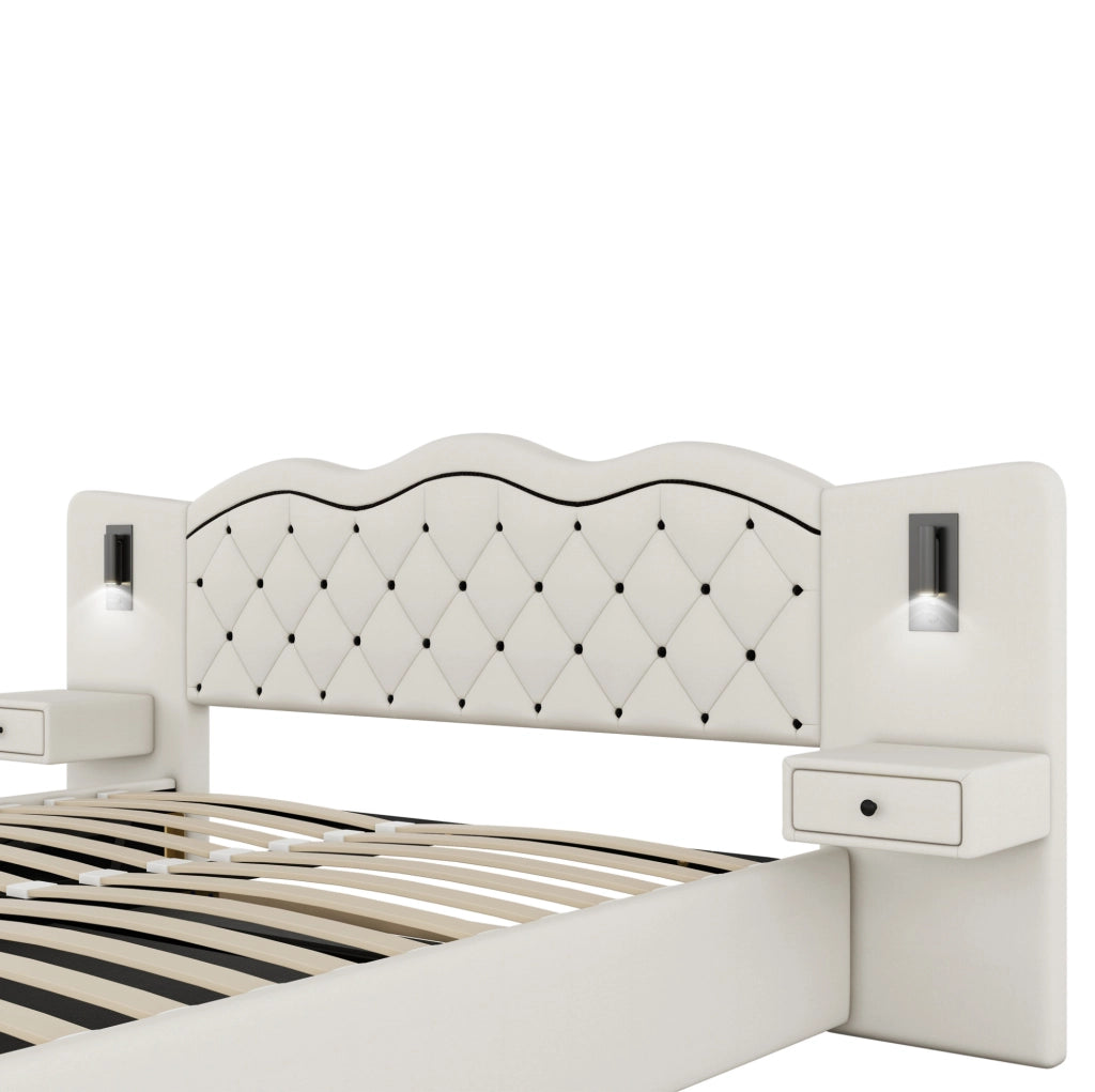 Letto matrimoniale 180x200 cm imbottito con contenitore; USB e luci; beige