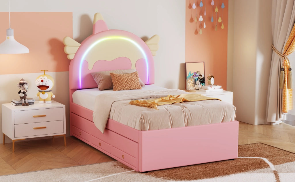 DESMIU Letto per Bambini 90 × 200 cm 1 Posto con Letto Estraibile, Cassetti e Design Unicorno, senza Materasso
