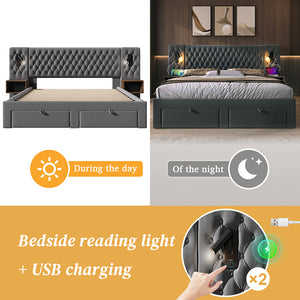 Letto con contenitore - Xylo - 160x200 cm - Grigio - 2 comodini, 4 cassetti, USB