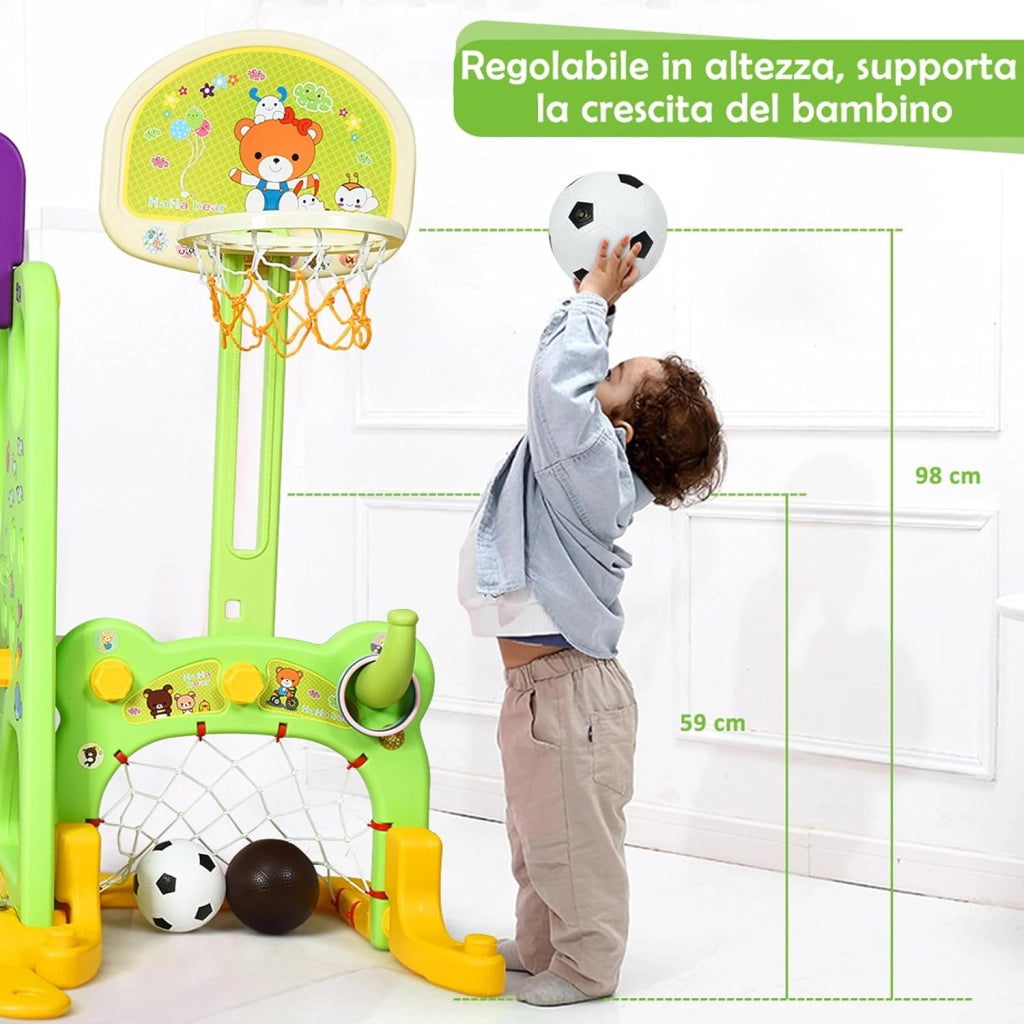 Parco Giochi 6 in 1 Multi Giochi da Giardino, con Altalena e Scivolo, Pallacanestro e Porta da Calcio, 209x174x115 cm, per Bambini 3-8 Anni (Viola)