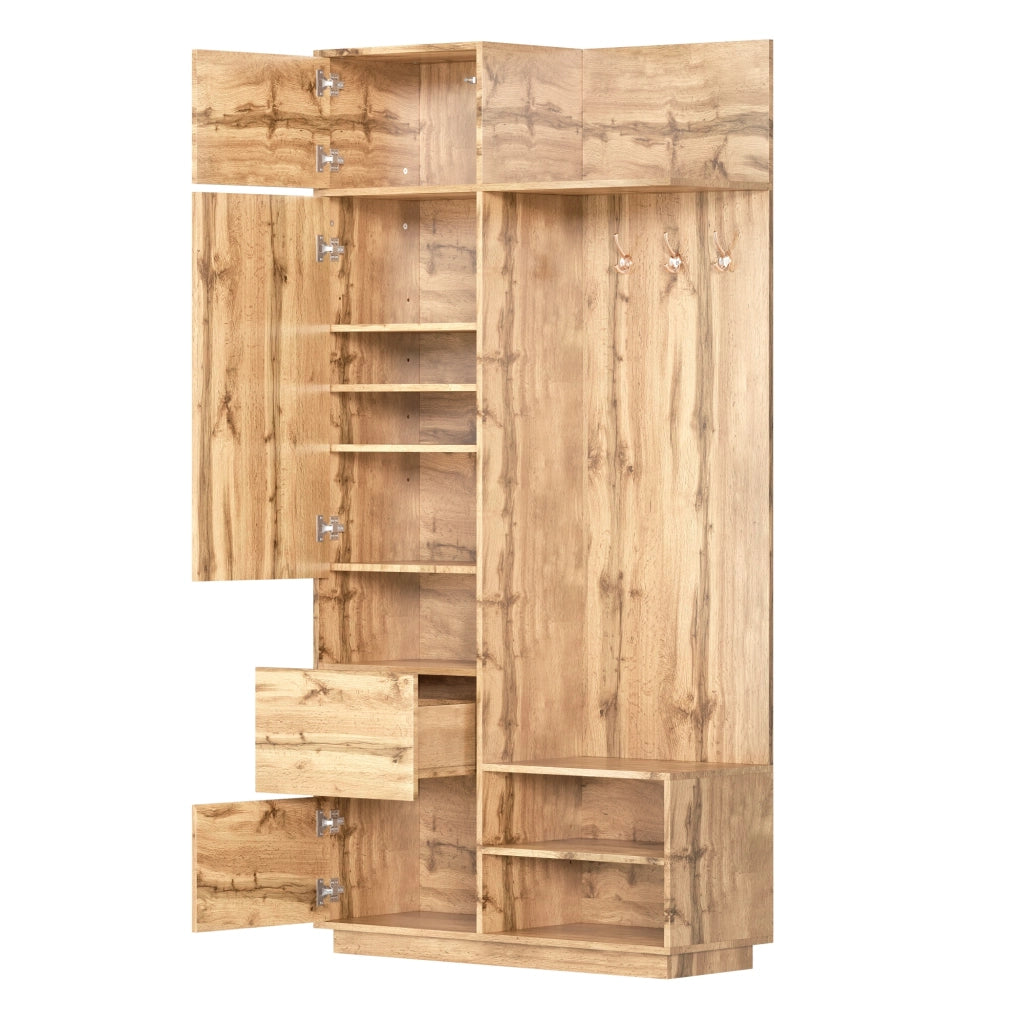 Mobile Ingresso con Specchio; Panchina e Appendiabiti con Cassetti e Scarpiera a Ripiani; MDF; Naturale; 90??34;5??190 cm