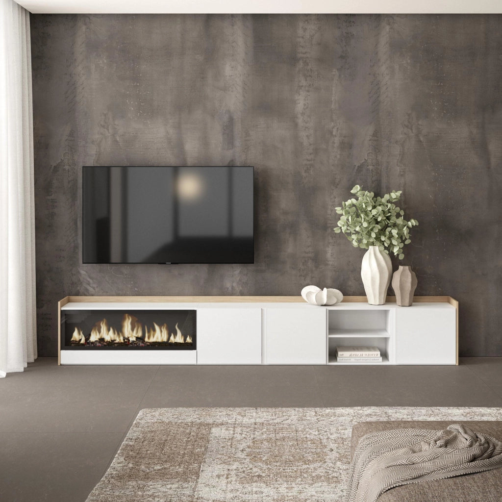 Mobile TV Soggiorno, 315x50x35 cm, Per TV fino a 80", Camino elettrico XXL, Bianco e Rovere soft