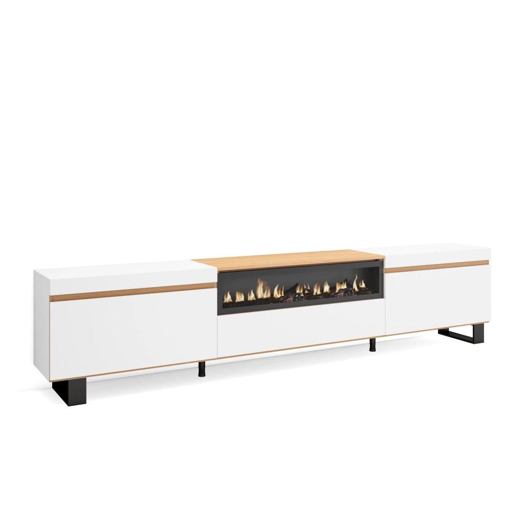 Mobile TV Soggiorno, 260x57x35 cm, TV di grande formato, Camino elettrico, Design industriale, Bianco e Rovere soft