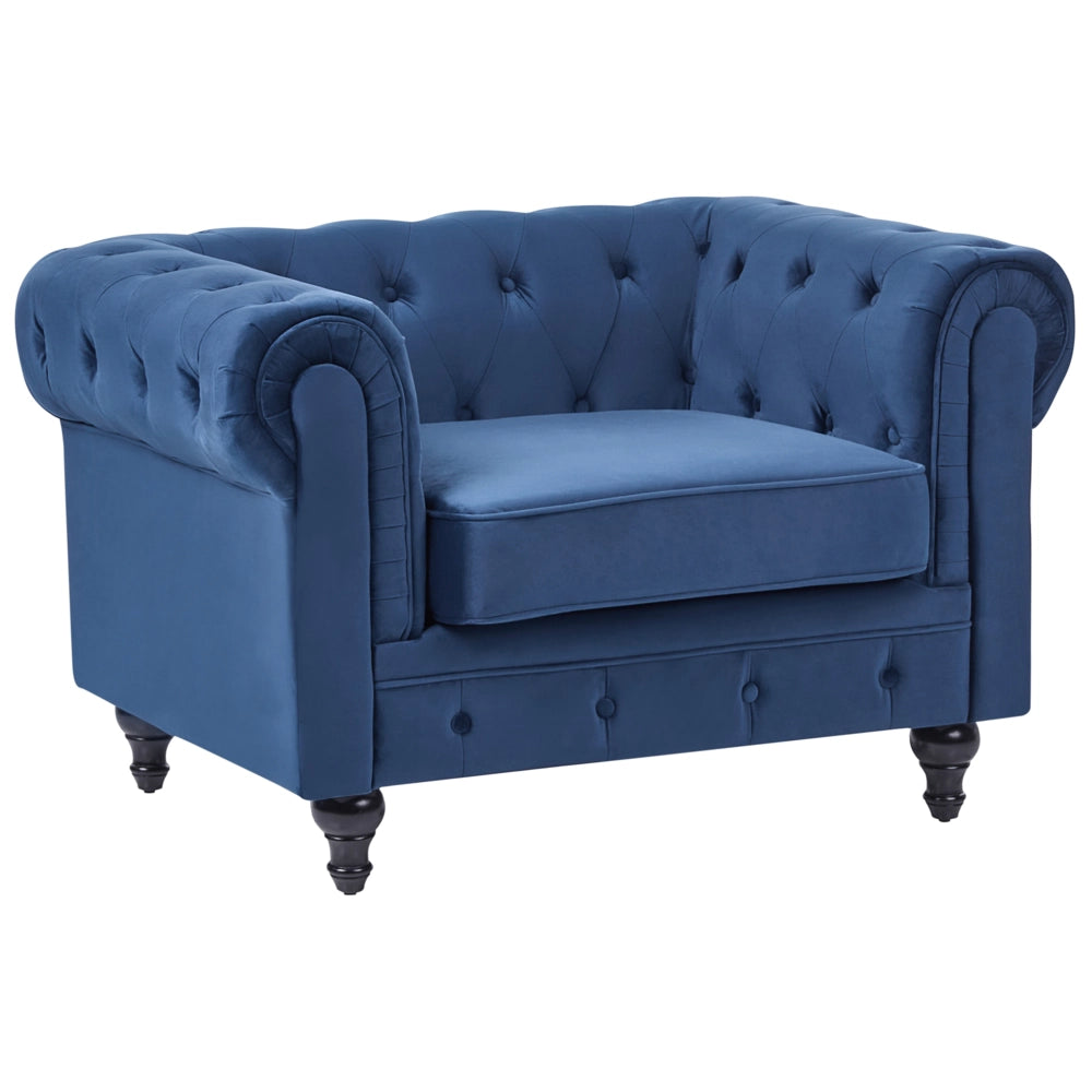 Poltrona Chesterfield Rivestimento in Tessuto Velluto Blu Gambe in Legno Scuro Contemporaneo