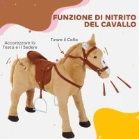 Cavallo Giocattolo con Suoni Realistici, Sella, Briglie e Poggiapiedi, 85x28x60 cm, Beige