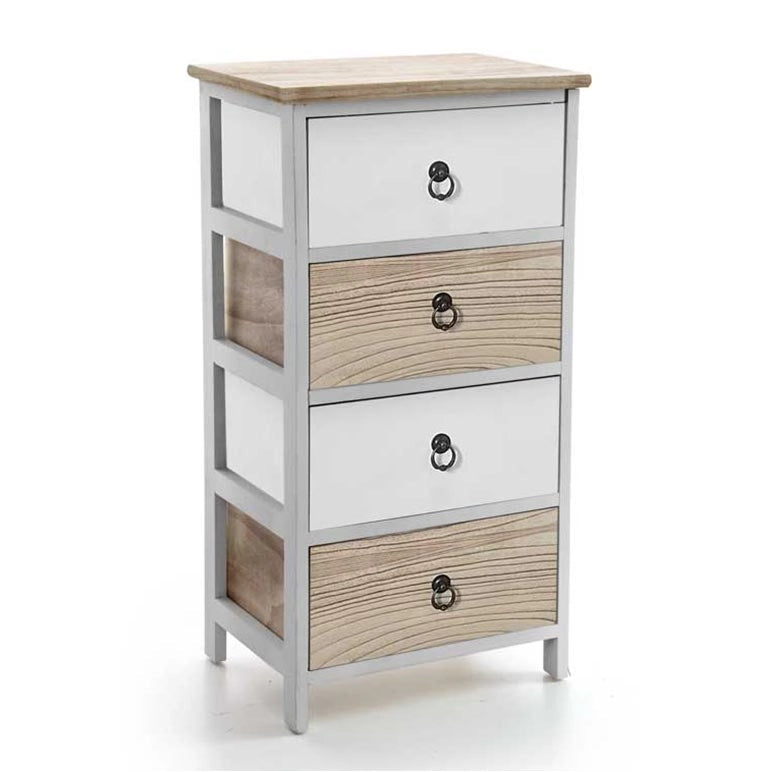 CASSETTIERA IN LEGNO CON 4 CASSETTI IN COLORE BIANCO E NATURALE 40 X 29 X 73 CM