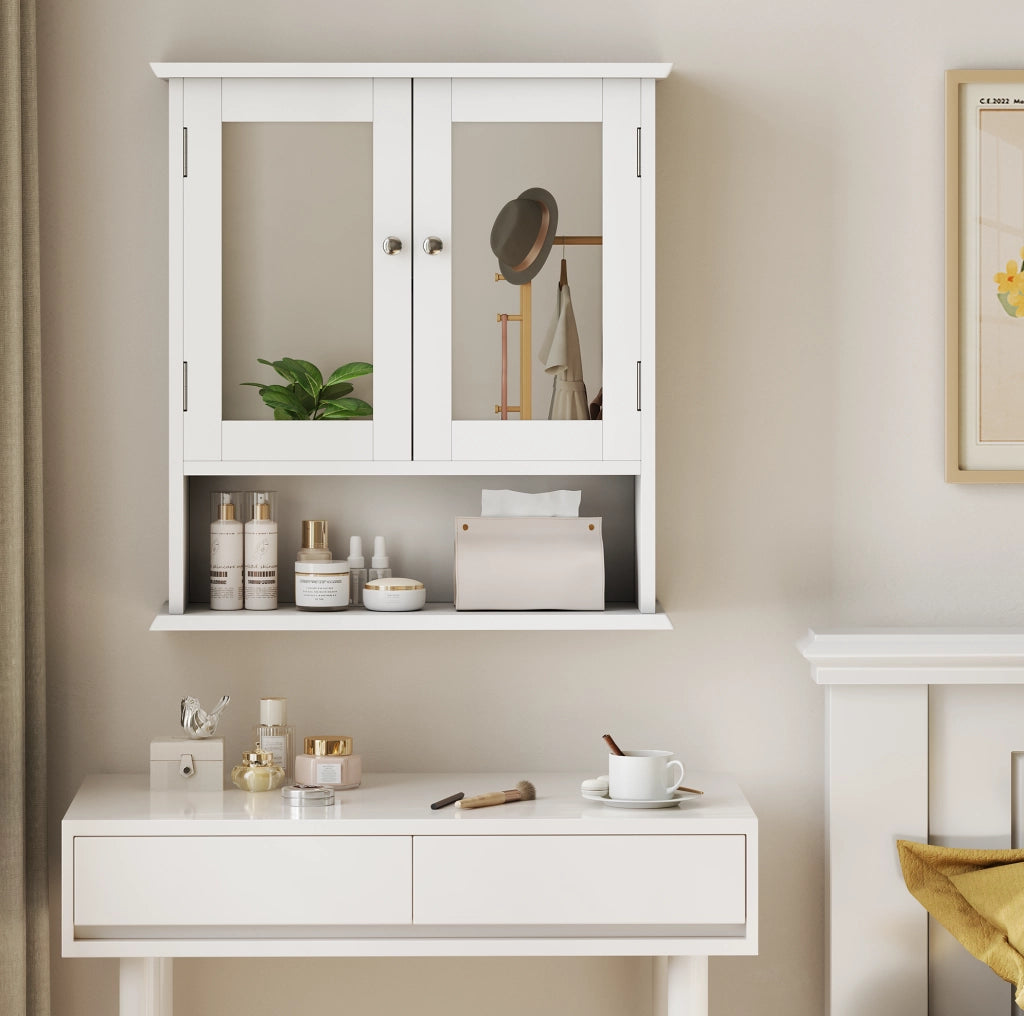 Armadietto da bagno sospeso bianco con specchio e ripiani regolabili