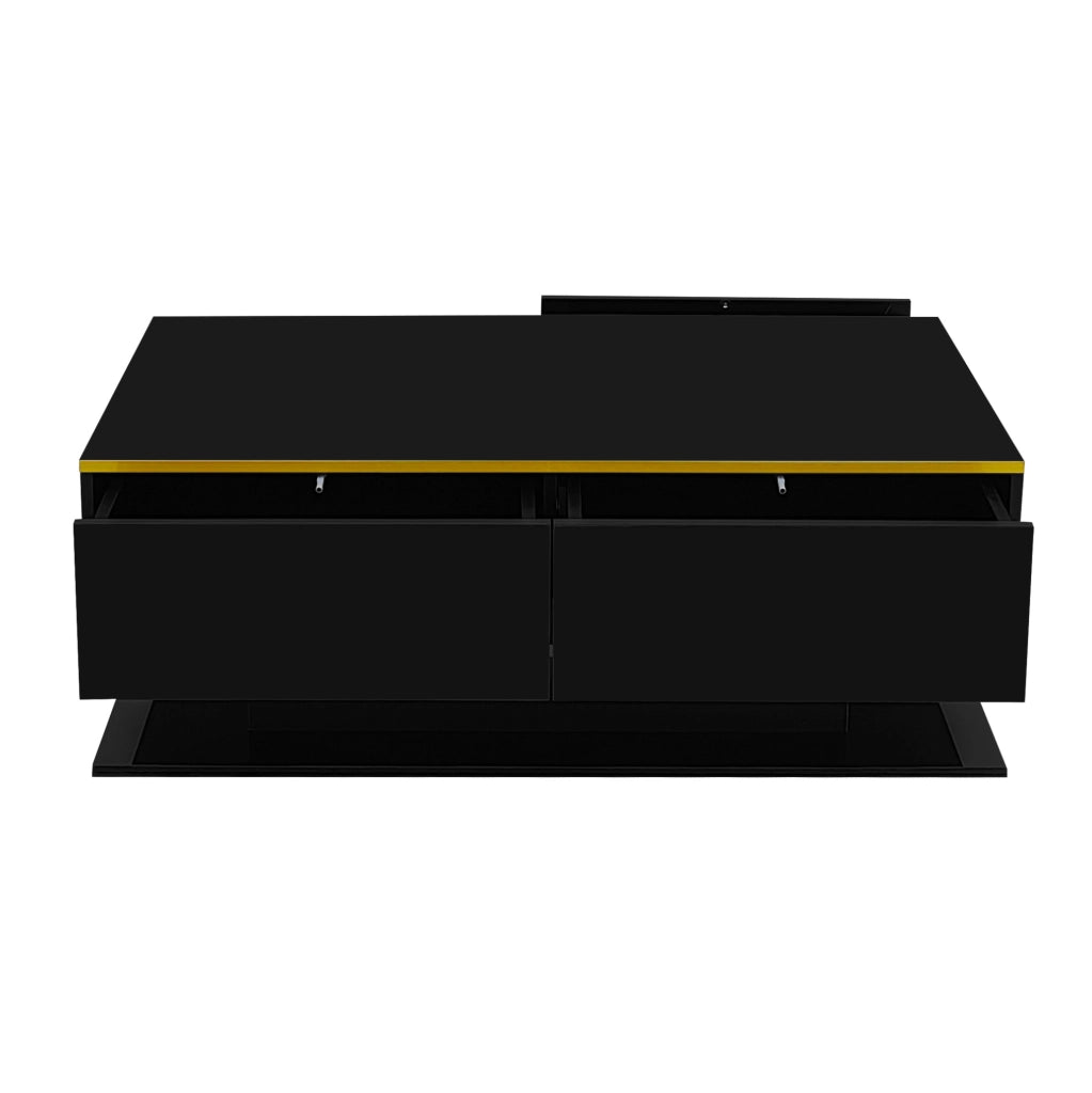 Tavolino da caffè moderno 100 x 50 x 40 cm nero lucido con LED; 3 cassetti e dettagli oro