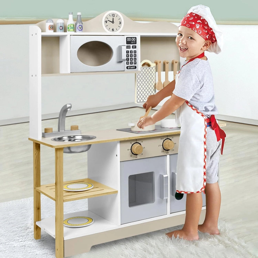 Cucina giocattolo per bambini in legno con piano cottura, forno a microonde, rubinetto, lavandino e accessori da cucina, giocattolo per bambini a partire dai 3 anni, 65 x 24 x 85 cm