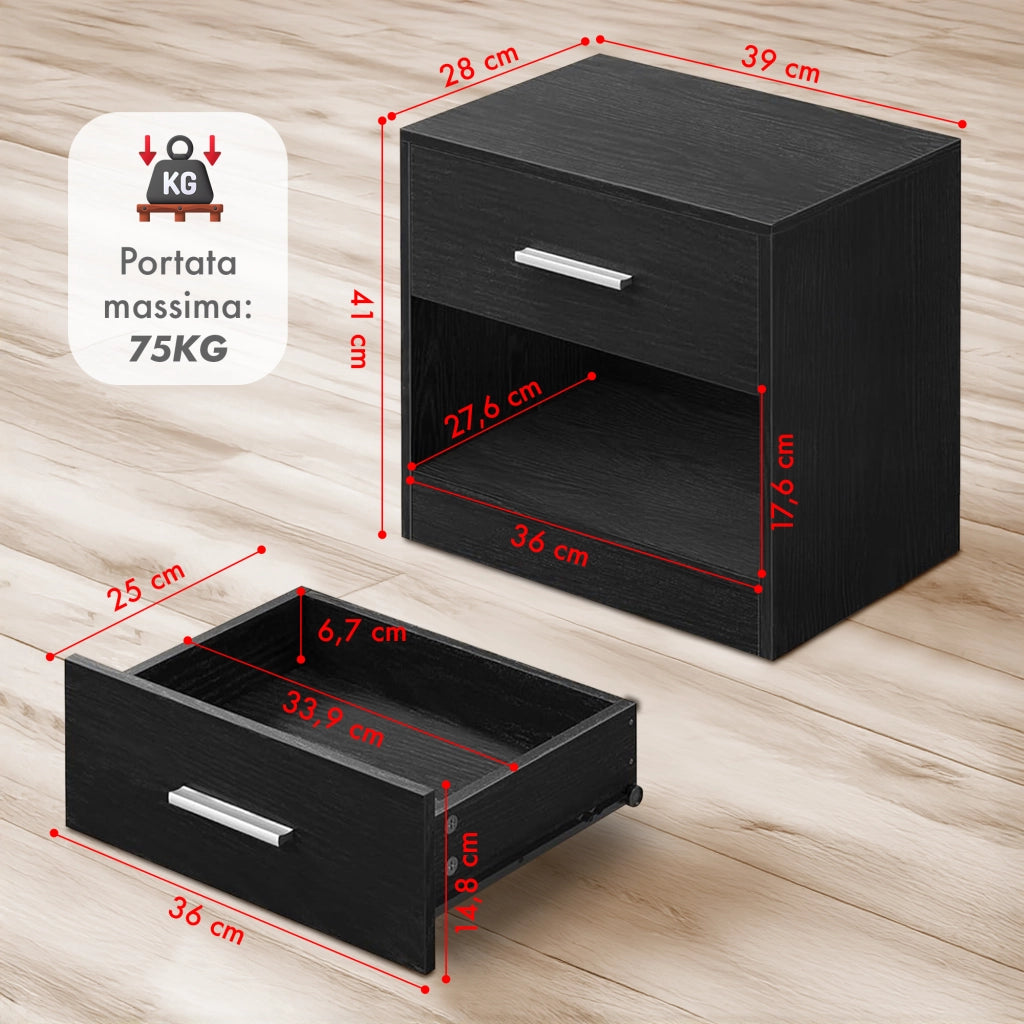 Comodino Moderno Cassetto Con Maniglia E Scomparto Aperto Camera Da Letto Portalibri Oggetti Mensola Libreria  - Nero