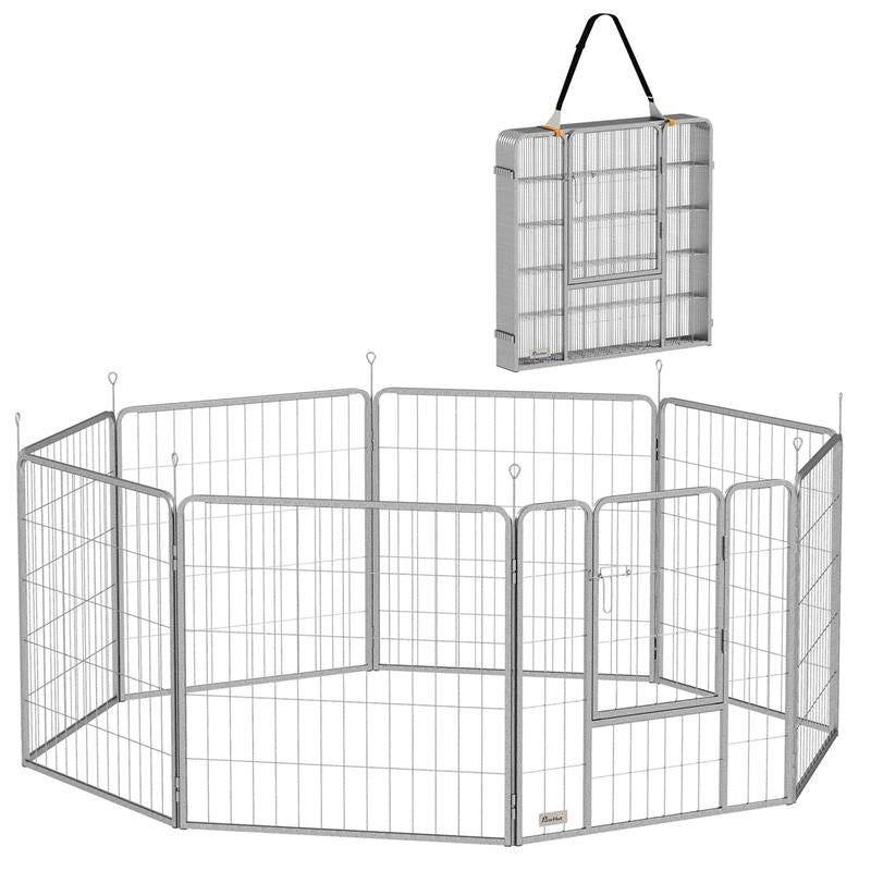 RECINTO PER CANI A 8 PANNELLI MODULABILI PIEGHEVOLE CON PORTA IN ACCIAIO, ALTEZZA 80 CM, ARGENTO
