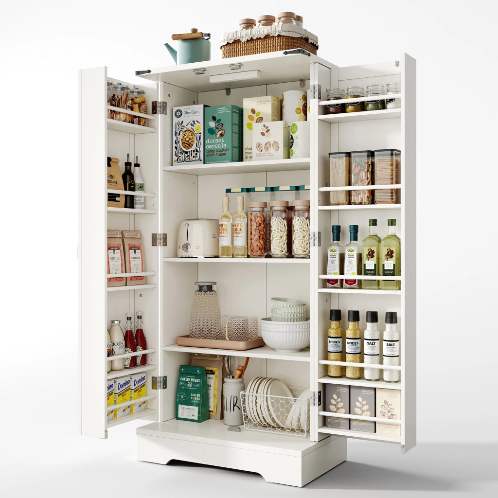 Mobile Dispensa 60x35x128;5 cm Bianco con LED; 2 Ante; Ripiani Regolabili e Portaoggetti Stile Farmhouse