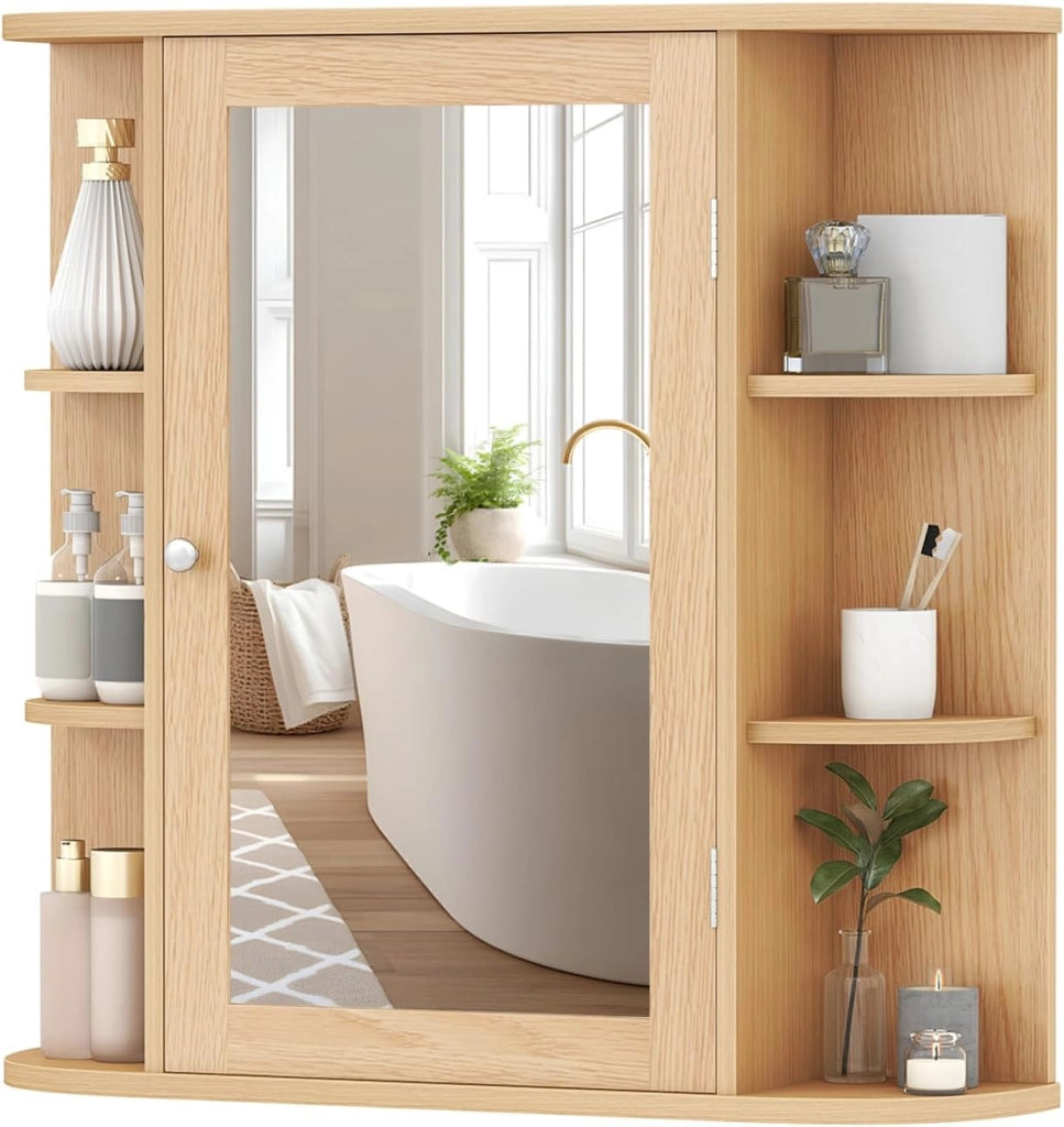 Armadietto Bagno a Parete, Mobiletto Pensile in Legno con Ante di Specchio, 6 Scomparti Laterali e 4 Ripiani di Stoccaggio, 3 Colori Disponibili, 65x17x64cm (Naturale)