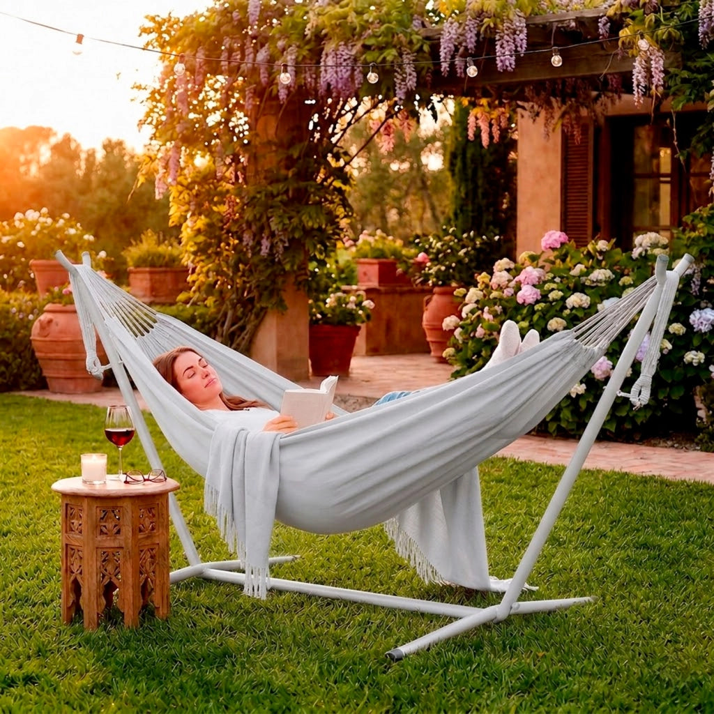 Amaca Da Giardino Con Supporto In Acciaio Portata 200 Kg Altezza Regolabile Telo Cotone Resistente Amaca Brasiliana Esterno Terrazzo Piscina Balcone Con Borsa Struttura Grigia 265 x 110 x 100 Cm Grigio