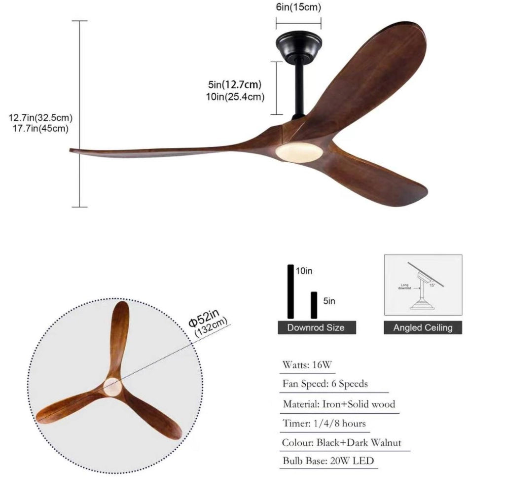 Ventilatore da soffitto 52 pollici con LED dimmerabile e telecomando in metallo e legno