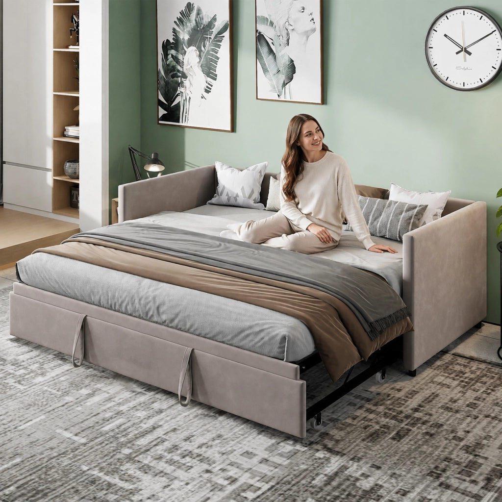 Divano letto in velluto grigio, trasformabile in 3 configurazioni, struttura robusta portata 300kg, divano multifunzione per soggiorno