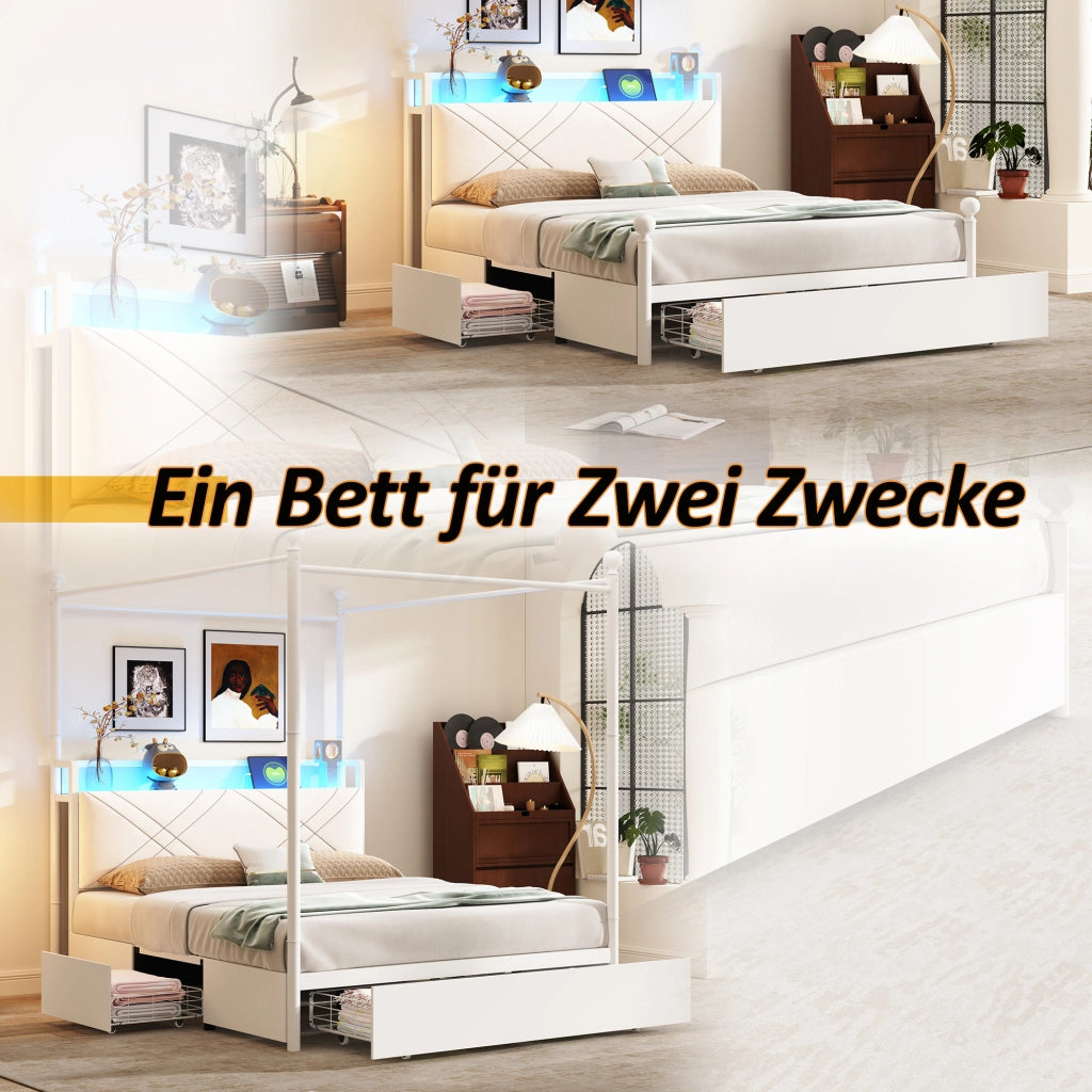 Letto matrimoniale 140 × 190 cm con contenitore, 3 cassetti, LED, USB e Type-C, senza materasso, bianco