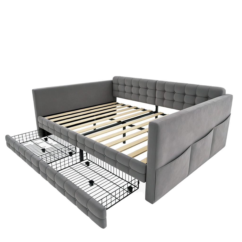 Letto divano 140 × 190 cm con tasche laterali e 2 cassetti, senza materasso, in velluto, grigio