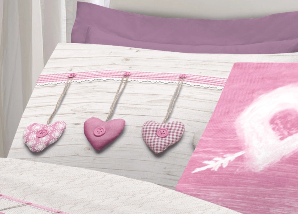 Completo Lenzuola Linea Pensieri Delicati 100% Cotone Disegno Cuore Appeso - Matrimoniale - Rosa