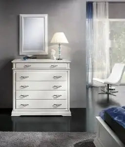 Comò in legno mod riga Shabby chic 5 cassetti bianco opaco