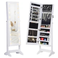 Armadio Portagioielli Portagioie Specchio Regolabile 20 Luci LED, Legno, Bianco, 40x37x146 cm