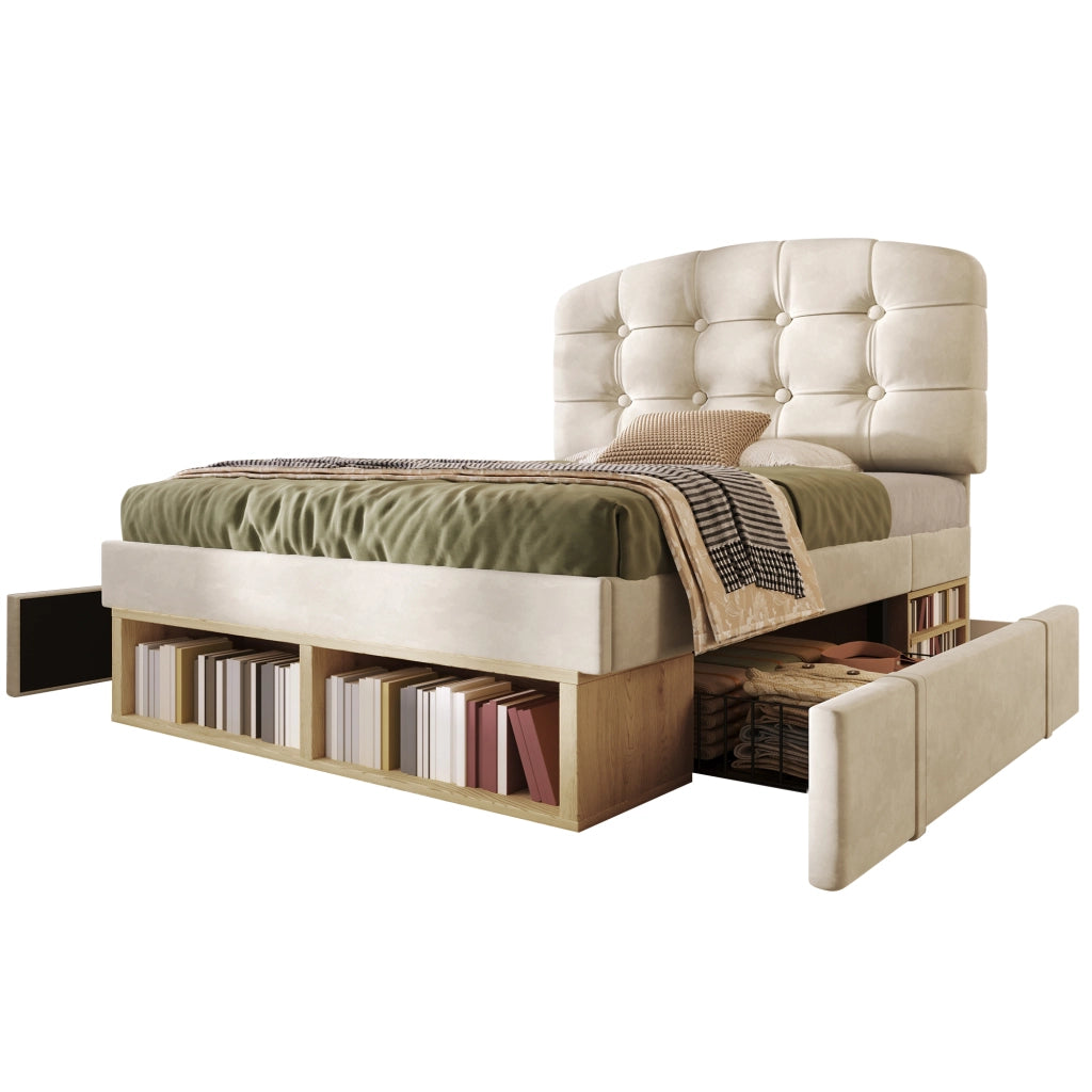 Letto singolo imbottito – 90x200 cm – cassetti contenitore testiera regolabile – velluto beige