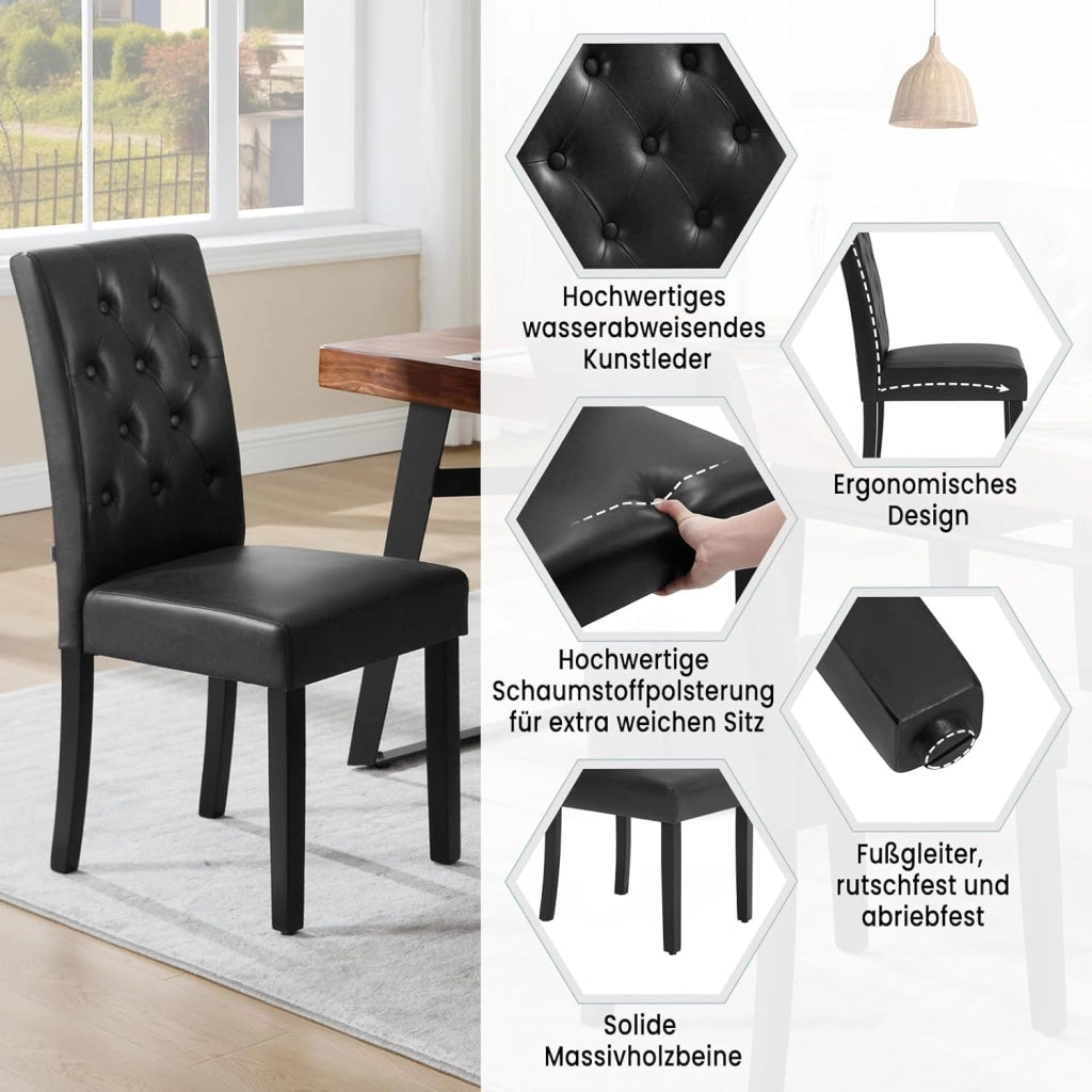 Sedia Sala da Pranzo da 4 Pezzi, Sedie da Cucina con Schienale Alto, Sedia Imbottita per Camera da Letto, Soggiorno, Gambe in Legno e Sedile in Similpelle, Nero, EZS20sz-4