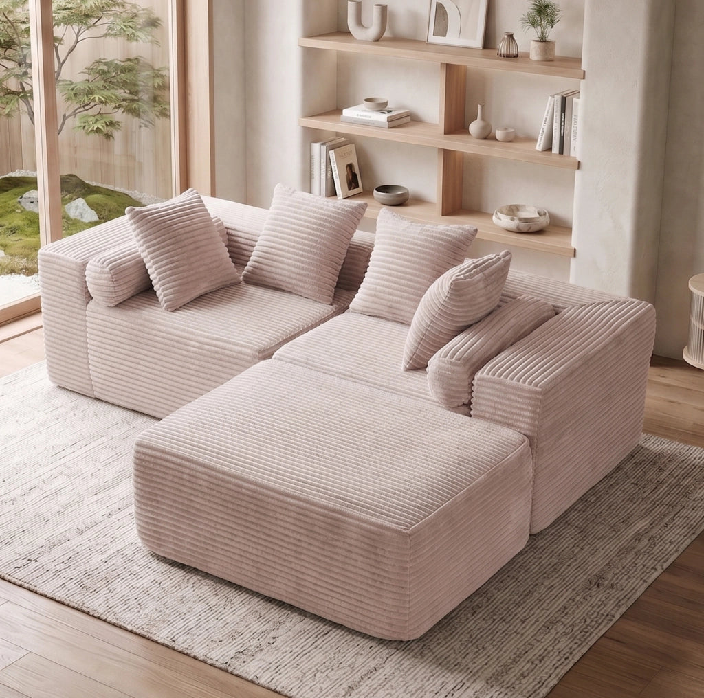 Divano modulare componibile a L con chaise longue; senza montaggio; in schiuma e molle; beige
