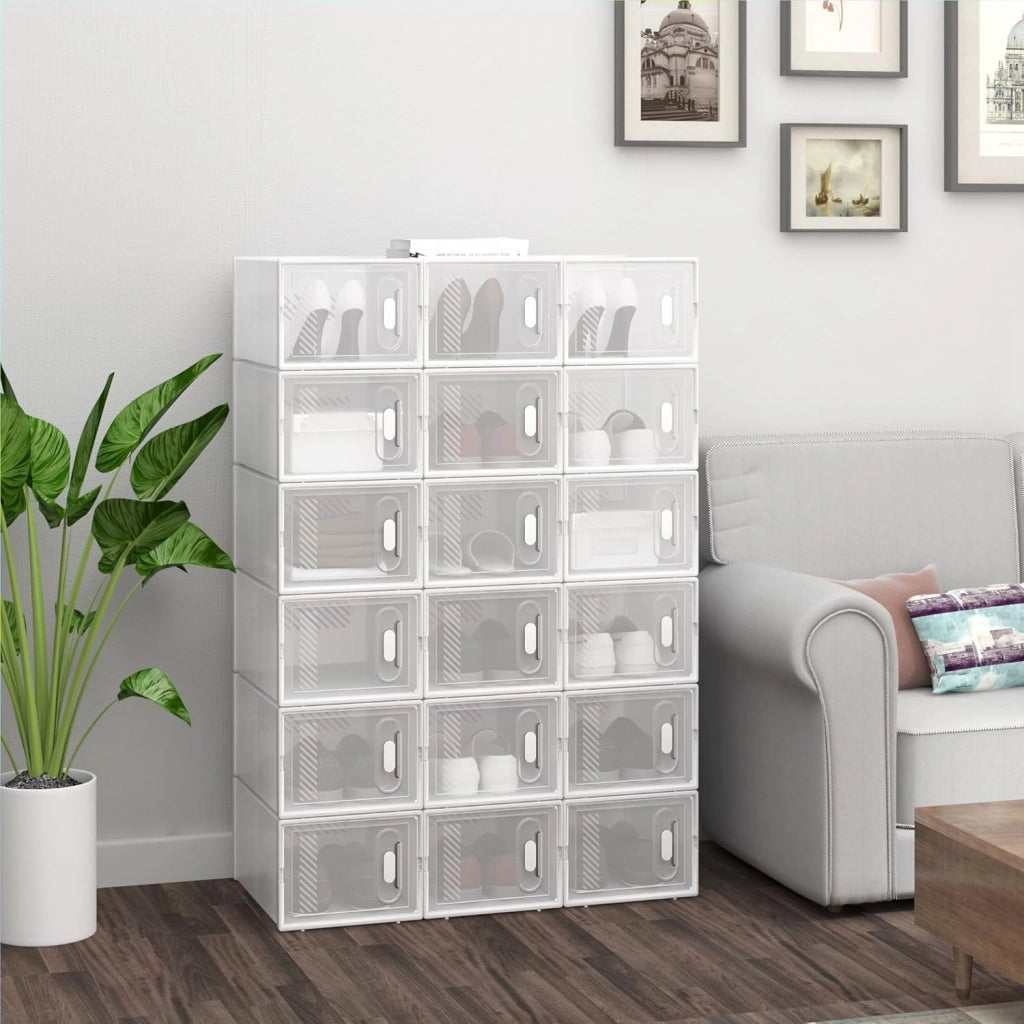 Set di 18 Scatole per Scarpe Contenitore Portascarpe Scarpiera Organizzatore Portaoggetti Impilabile Salvaspazio Coperchio Magnetico Plastica Trasparente Bianco 35x25x19cm