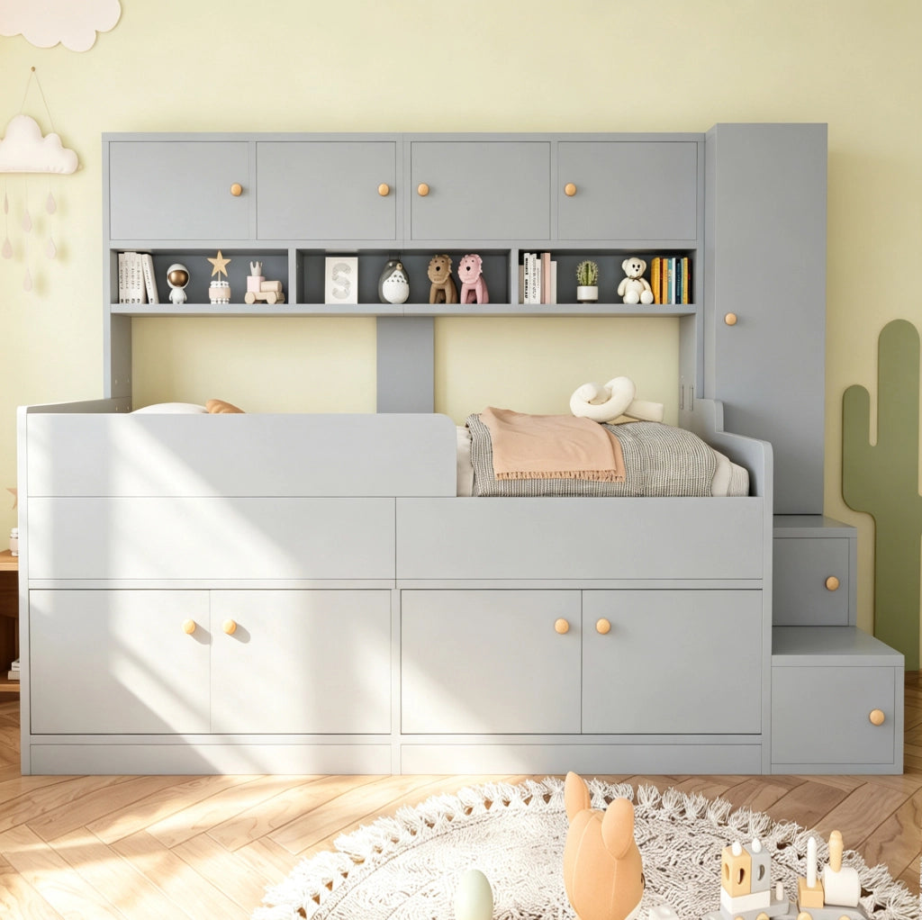 Letto per bambini 90x200 cm con LED e ampio spazio contenitivo; grigio
