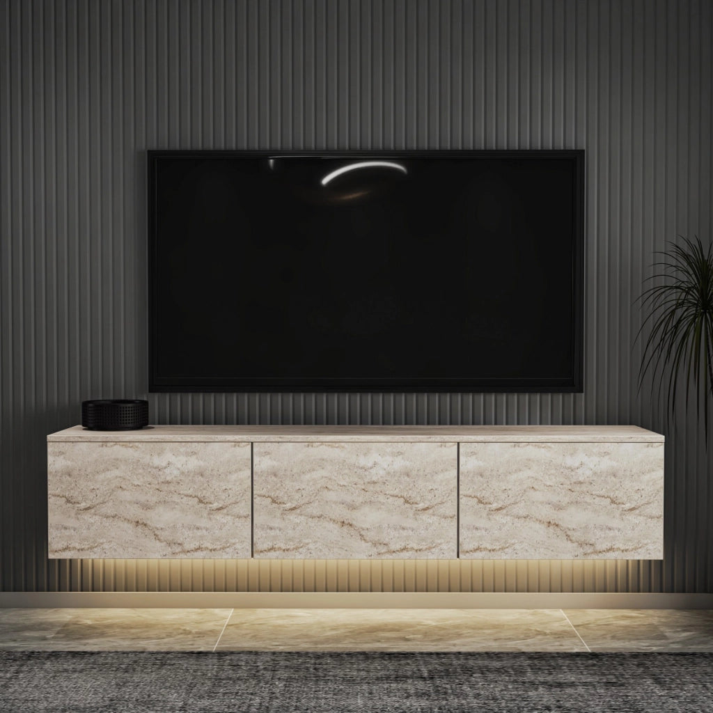 Mobile TV a parete in legno con illuminazione LED "Neon illuminated" - 160 x 32 x 35 cm - Travertino
