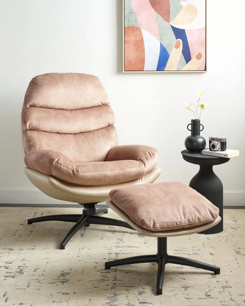 Poltrona girevole con poggiapiedi Velluto beige Base singola Seduta imbottita