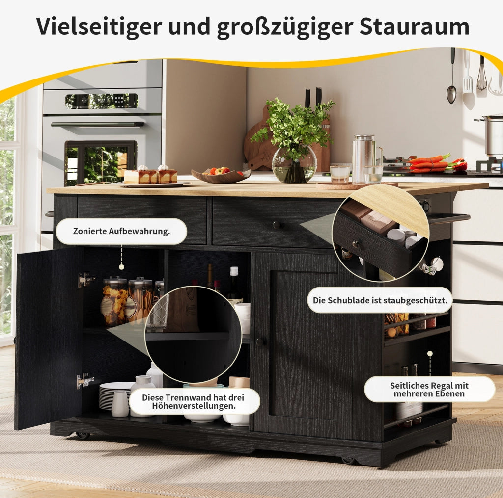 Isola cucina mobile con presa, piano pieghevole e 5 ruote