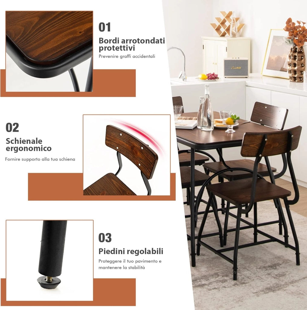 Set Tavolo e 4 Sedie da Pranzo, Set da Pranzo in Stile Industriale con Struttura di Metallo, Set Tavolo Rettangolare per Cucina Ristorante, Marrone (Set Tavolo e 4 Sedie)