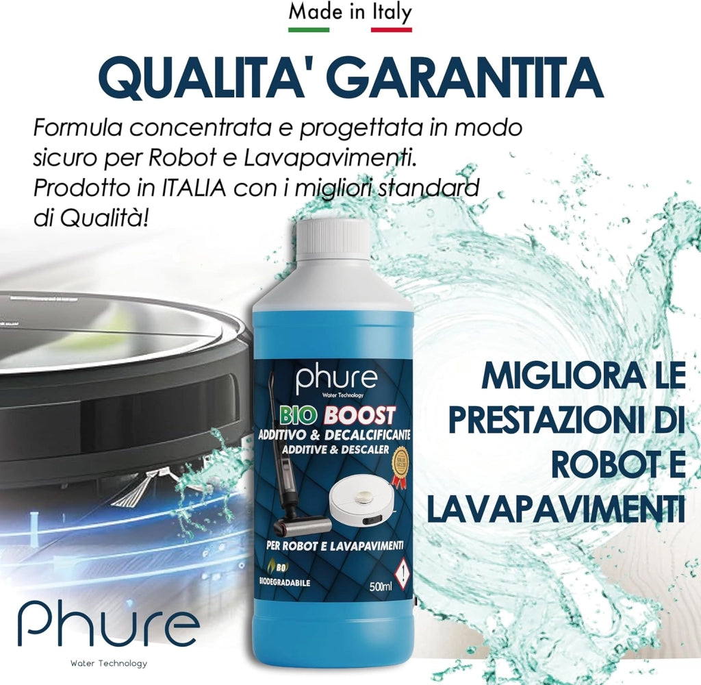 PHURE BIO BOOST ADDITIVO E DECALCIFICANTE PER ROBOT LAVAPAVIMENTI Concentrato per Robot Lavapavimenti e Aspirazione con Igienizzante 500ml pulizia senza aloni e sostenibile Adatto ad ogni Robot
