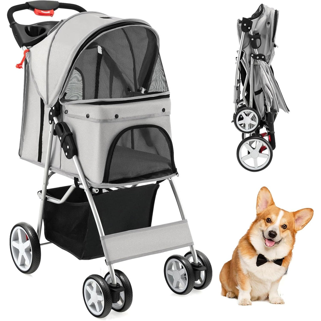 Passeggino per animali domestici a 4 ruote, Trasportino portatile con cestino e finestra a rete Grigio-Giochi e accessori per cani
