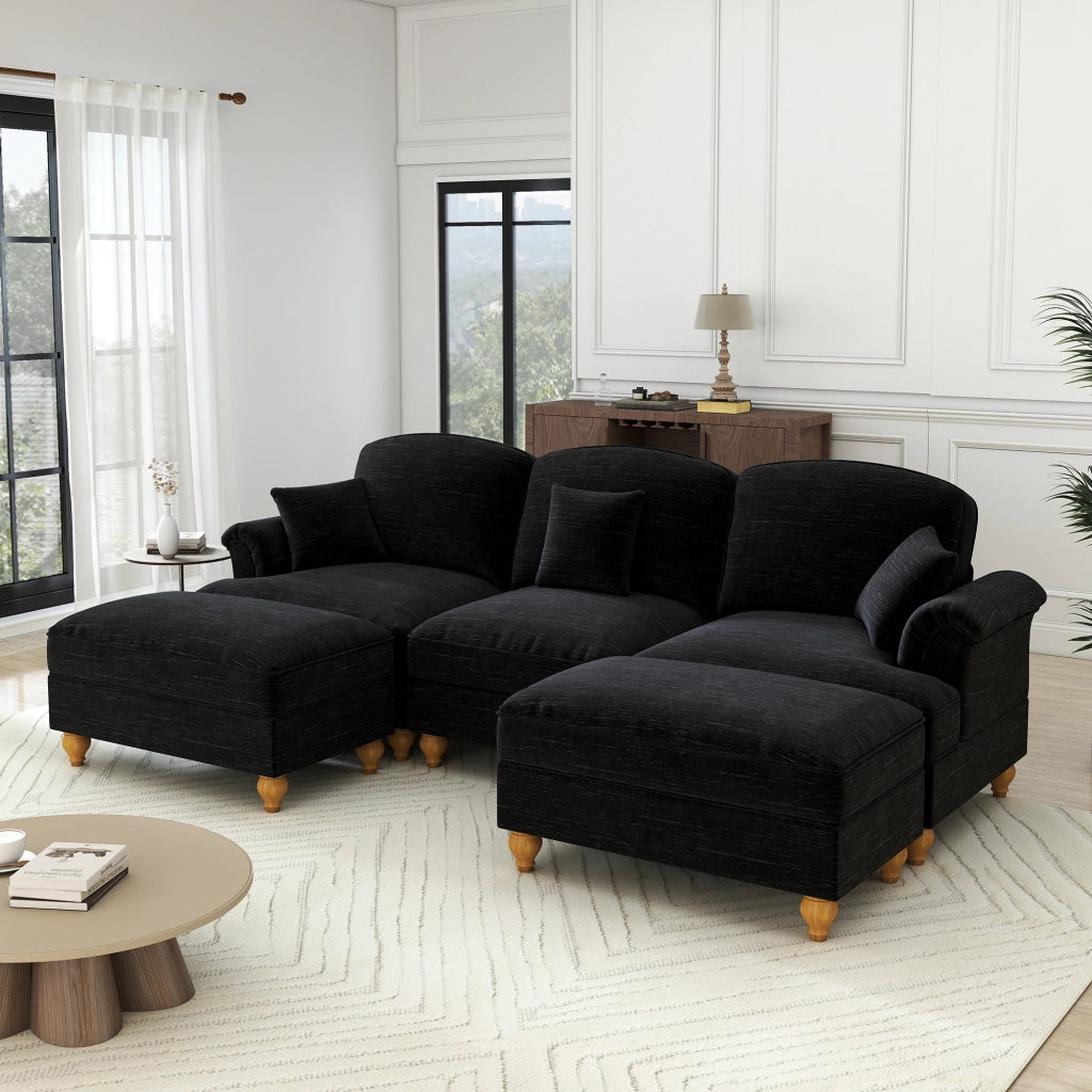 Divano Modulare U a 5 Posti in Chenille con Poggiapiedi ¨C Xylo ¨C Nero, Gambe a Fuso