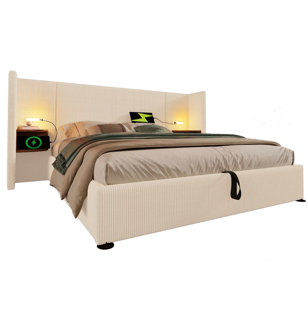 Letto matrimoniale 160x200 cm in tessuto corduroy beige con contenitore; lampada e USB-C