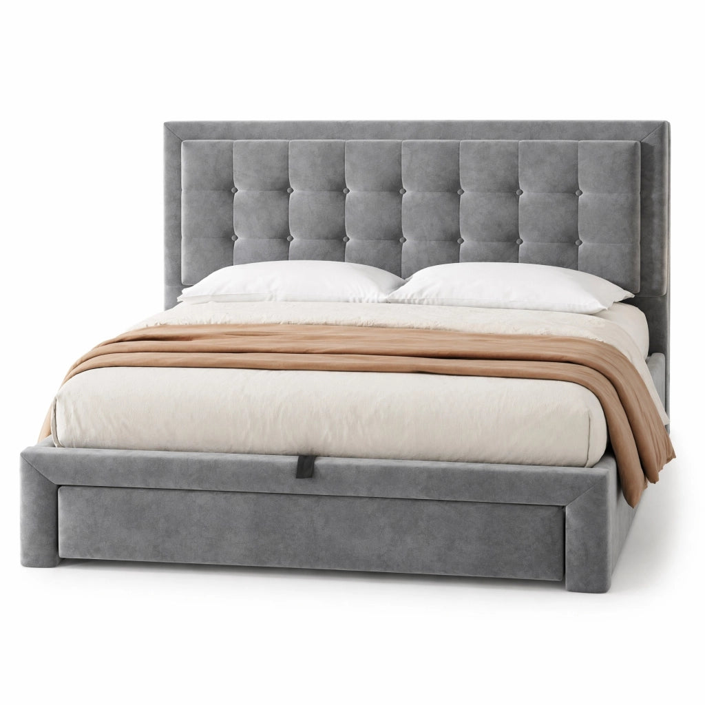 Letto matrimoniale imbottito con contenitore e cassetti; testiera regolabile in velluto grigio 140 x 200 cm