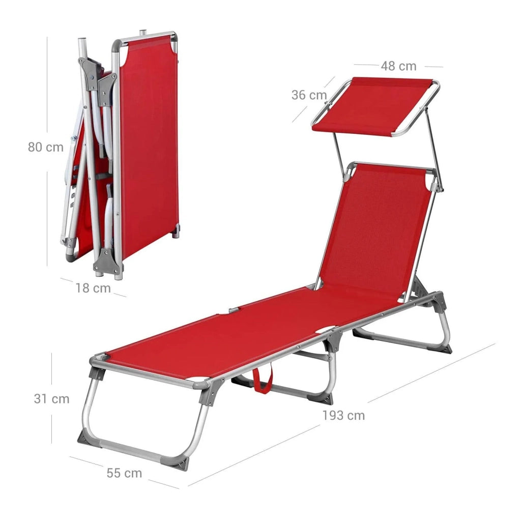 Lettino prendisole reclinabile sedia a sdraio pieghevole in alluminio con tessuto in textilene cuscino parasole regolabile 193 x 67 x 32 cm portata 250 kg (rosso) 12_0001670