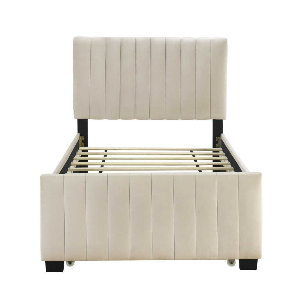 OKWISH Letto Estraibile 90×190 cm, Letto Singolo con Testiera Imbottita, Senza Materasso, in Velluto, Beige