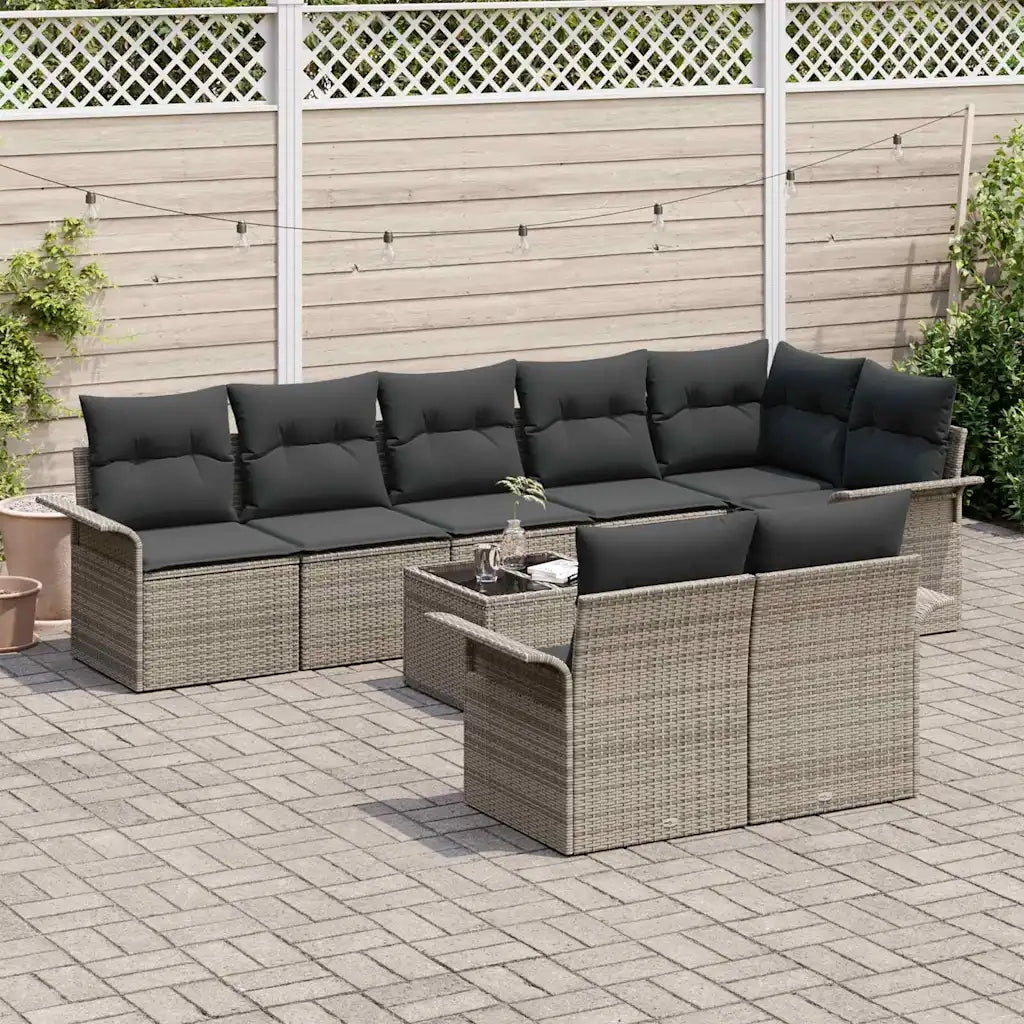 Set Divano da Giardino con cuscino 9 pcs Grigio Poly Rattan