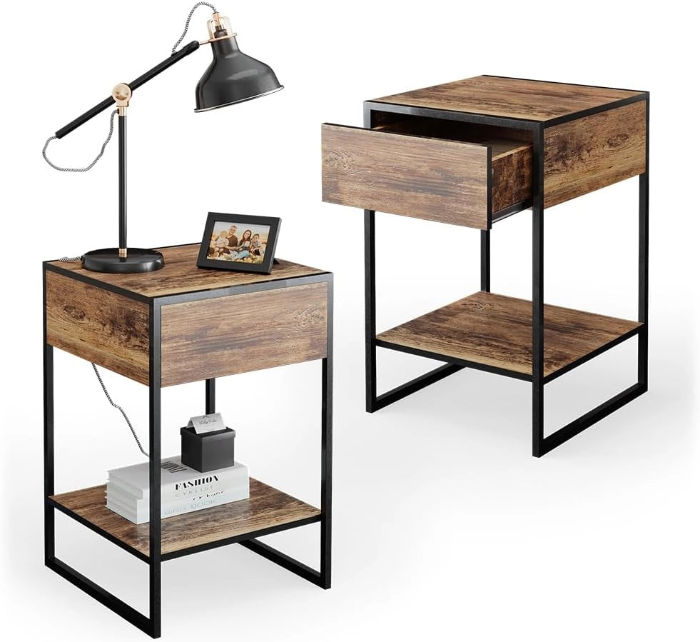Comodini camera da letto Fyrk, Legno antico, Set di 2, per riporre oggetti di uso quotidiano accanto al letto