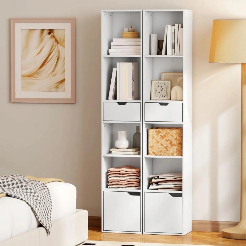SCAFFALE LIBRERIA A 4 RIPIANI APERTI CON ARMADIETTO E CASSETTO, 30X24X158 CM, IN LEGNO BIANCO