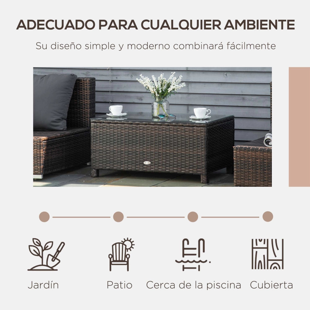 Tavolino da esterno in rattan sintetico con piano in vetro ¨C Minimal ¨C 85x50x39 cm Marrone