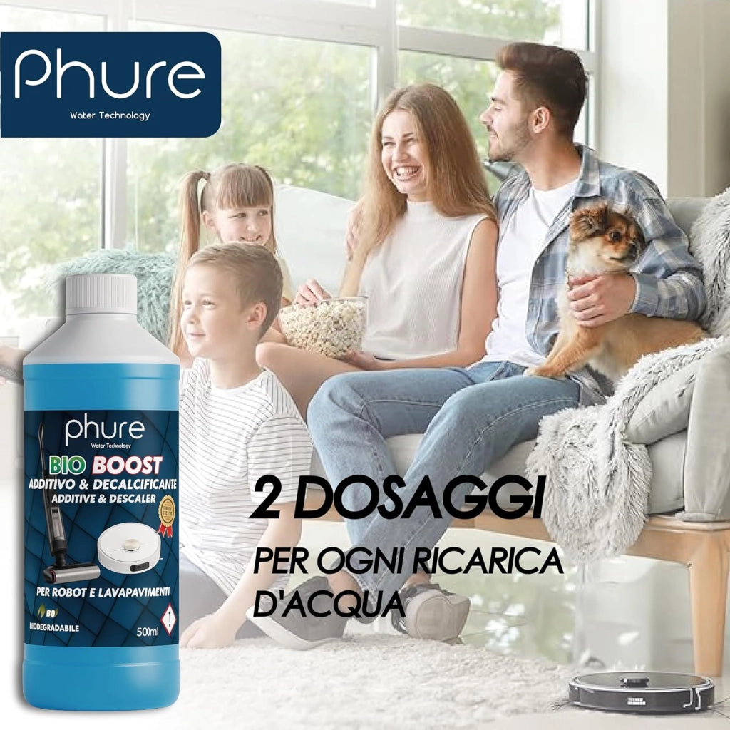 PHURE BIO BOOST ADDITIVO E DECALCIFICANTE PER ROBOT LAVAPAVIMENTI Concentrato per Robot Lavapavimenti e Aspirazione con Igienizzante 500ml pulizia senza aloni e sostenibile Adatto ad ogni Robot